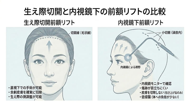 生え際切開と内視鏡下の前額リフトの比較