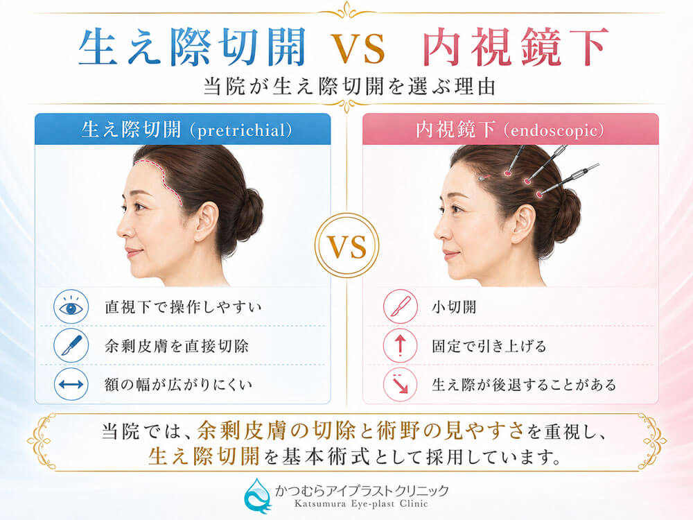 当院では余剰皮膚の切除と術野の見やすさを重視し、生え際切開を基本術式として採用しています