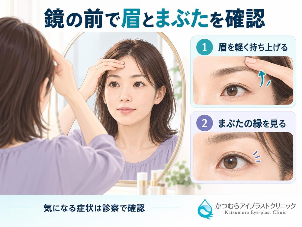 鏡の前で眉とまぶたを確認