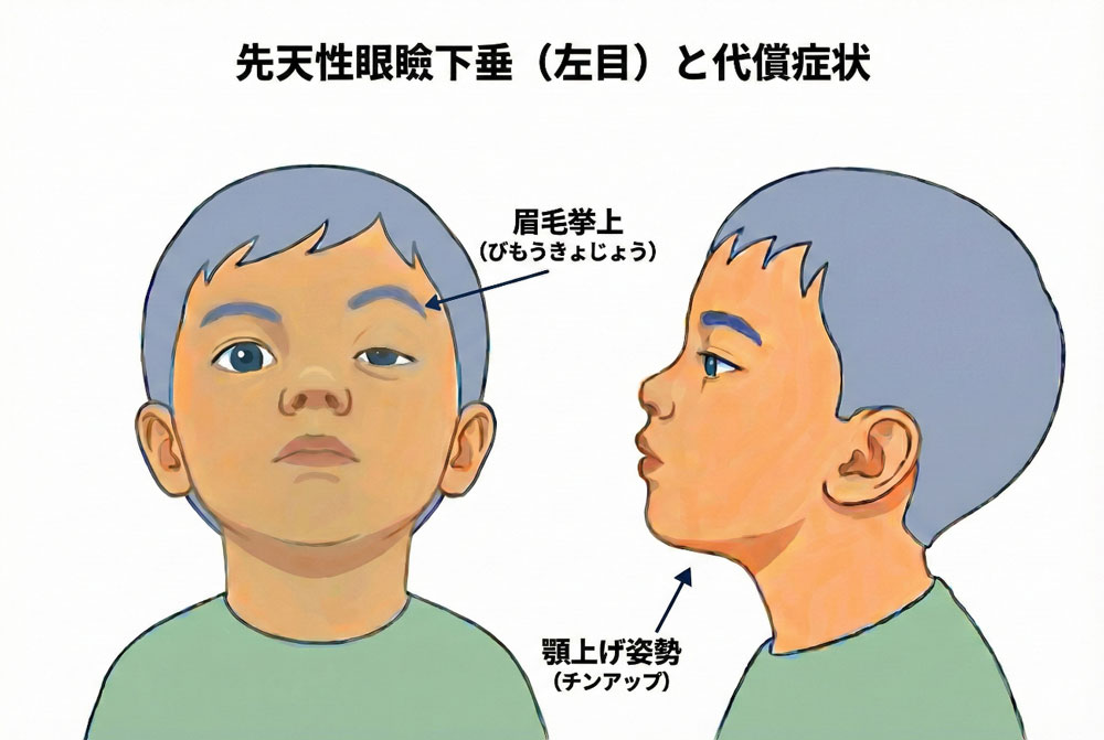 先天性眼瞼下垂（左目）と代償症状